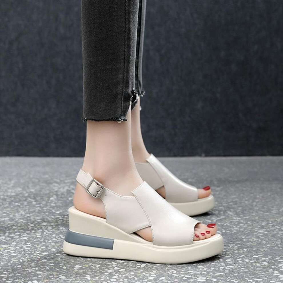 (white, 40) Platform Sandals Women's New Summer High Heels Fish Mouth Women's Slippers Soft Leather Platform Sandals