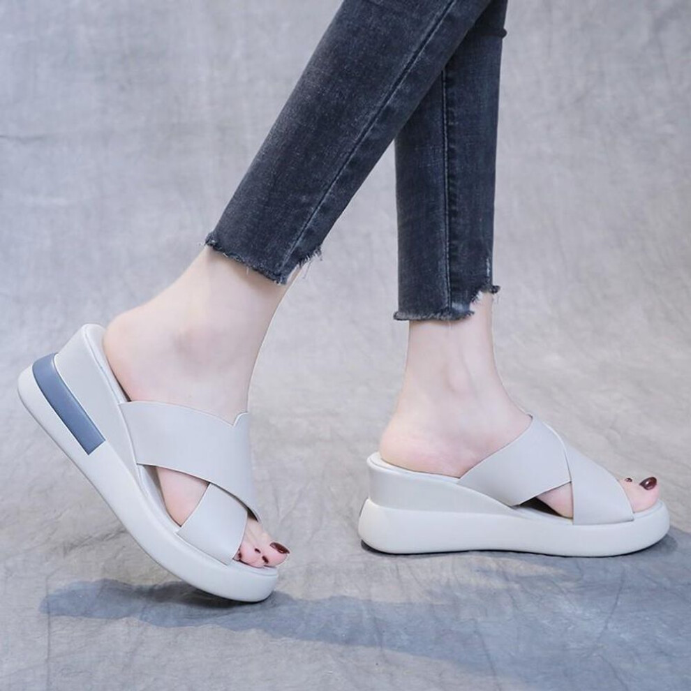 (ivory, 42) Platform Sandals Women&apos;s New Summer High Heels Fish Mouth Women&apos;s Slippers Soft Leather Platform Sandals