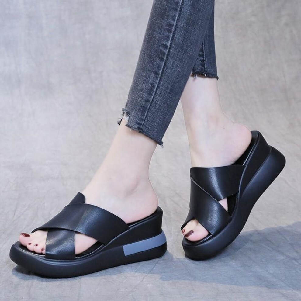 (cool black, 42) Platform Sandals Women's New Summer High Heels Fish Mouth Women's Slippers Soft Leather Platform Sandals