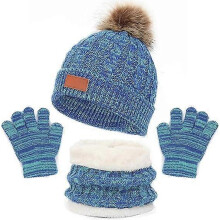 (Blue)3 Pieces Kids Winter Knitted Hat Scarf and Gloves Set