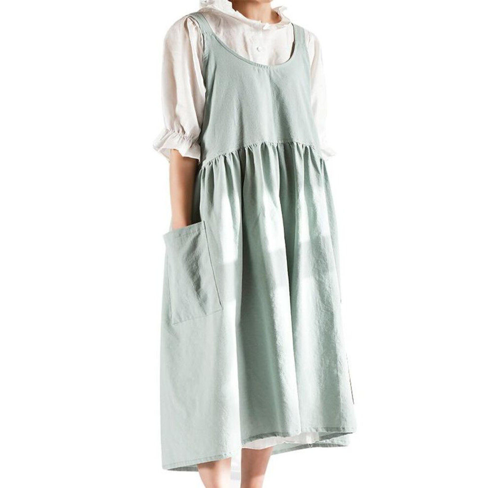 (light green) Women Cotton Linen Japanese Housework Baking Aprons Dress Sleeveless Aprons Restaurant Flower Shop Home Cooking Apron