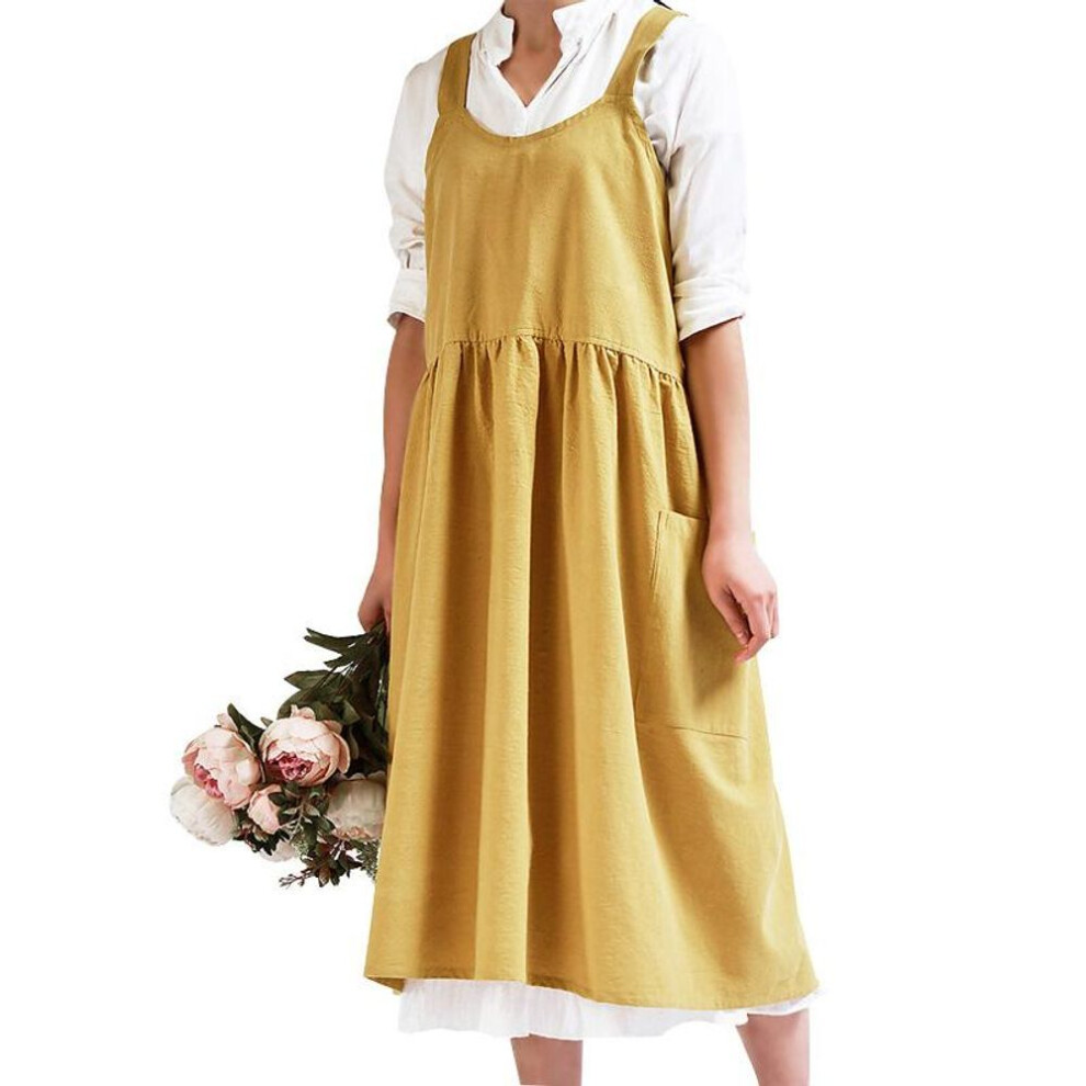(yellow) Women Cotton Linen Japanese Housework Baking Aprons Dress Sleeveless Aprons Restaurant Flower Shop Home Cooking Apron