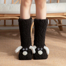 (Black Puppy, One Size Fits All) Cozy Cartoon Dog Winter Socks - Plush, Warm & Soft for Home Use, Non-Slip Floor Slipper Socks