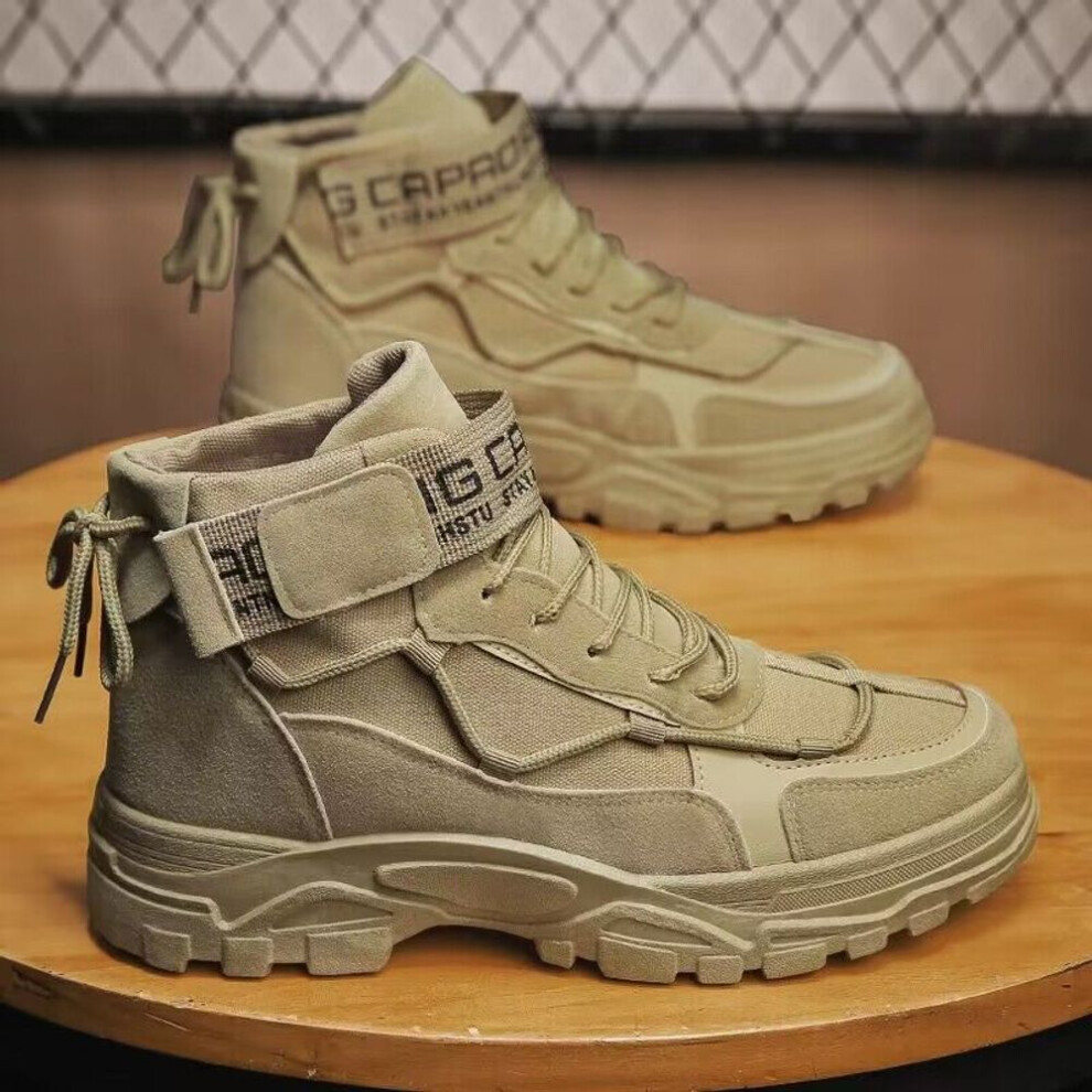 (khaki, 42) 2024 Men&apos;s Sports Boots Mid-top Retro Work Boots Trend High-top Platform Casual Shoes