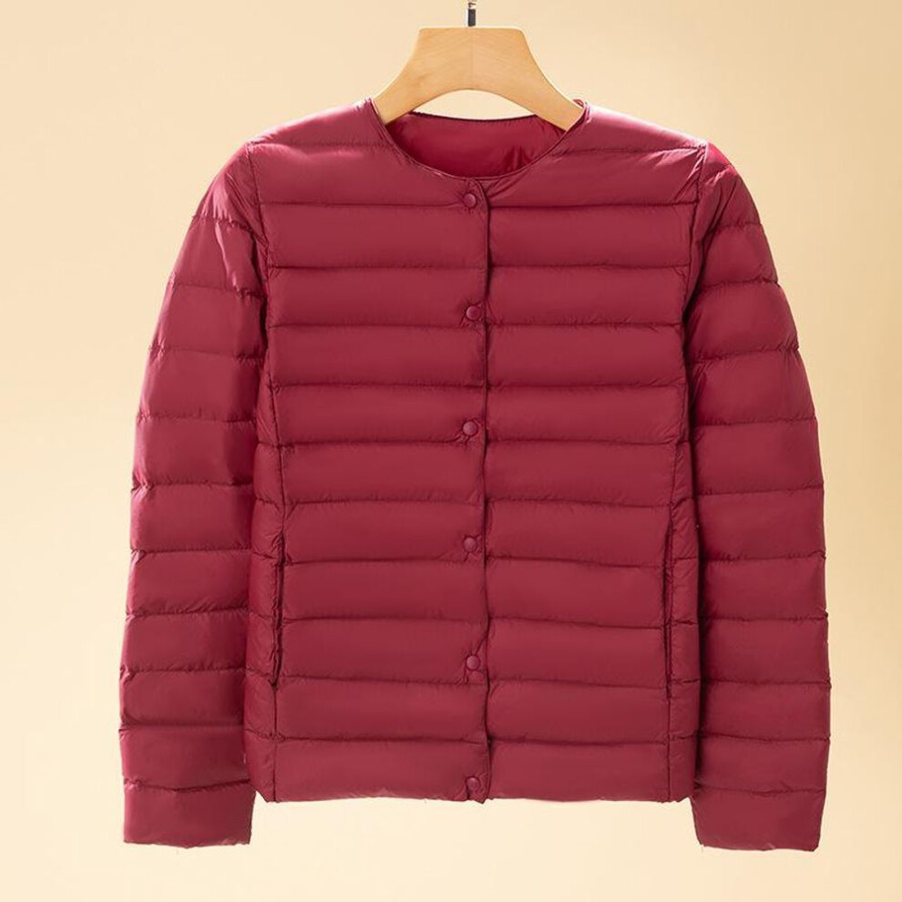 (burgundy, L) Light Down Jacket Women&apos;s Short 2024 Autumn And Winter New V-neck Round Neck Long-sleeved White Duck Down Lightweight Large Size Coat
