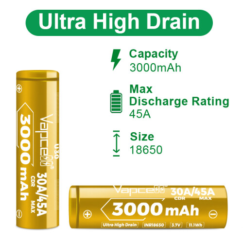 2x Vapcell U30 18650 3000mAh 30A 3.7V Battery 1