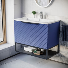 Nes Home 800mm Wall Hung Blue Drawers Basin Vanity Black Frame & Handle