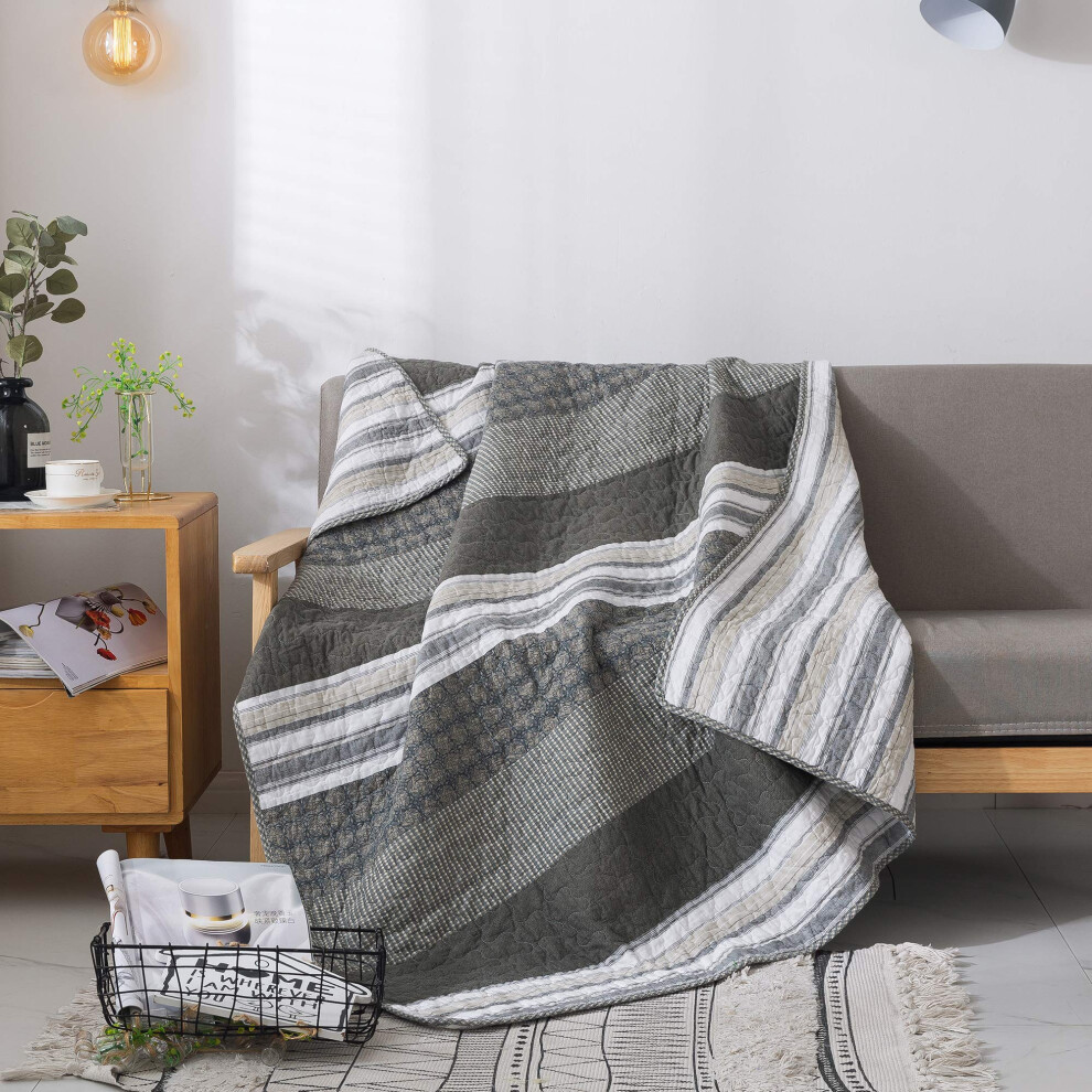 Soul & Lane Brown Madrona 50"""" X 60"""" Cotton Quilted Throw Blanket Modern Masculine Striped Throw Quilt For Couch Lightweight Pieced Lap Quilt In Bro
