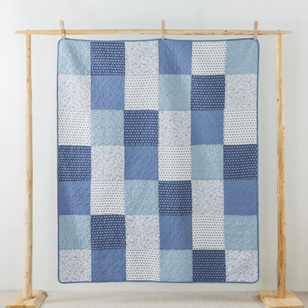 Soul & Lane Blue Indigo Weave 50"" X 60"" Cotton Quilted Throw Blanket Country Farmhouse Patchwork Throw Quilt For Couch Lightweight Pieced Lap Quilt Wit