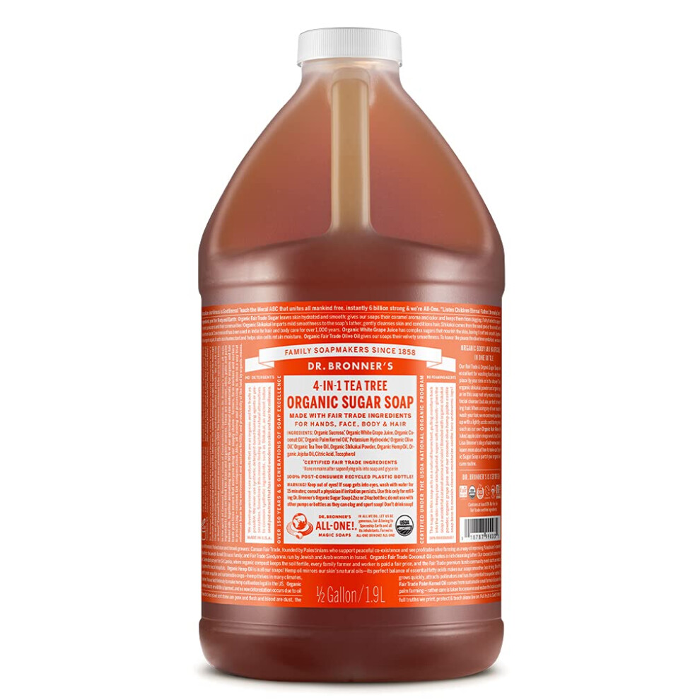Dr. Bronner's - Organic Sugar Soap (Tea Tree  64 Ounce) - Made with Organic Oils  Sugar and Shikakai Powder  4-in-1 Uses: Hands  Body  Face and Hair