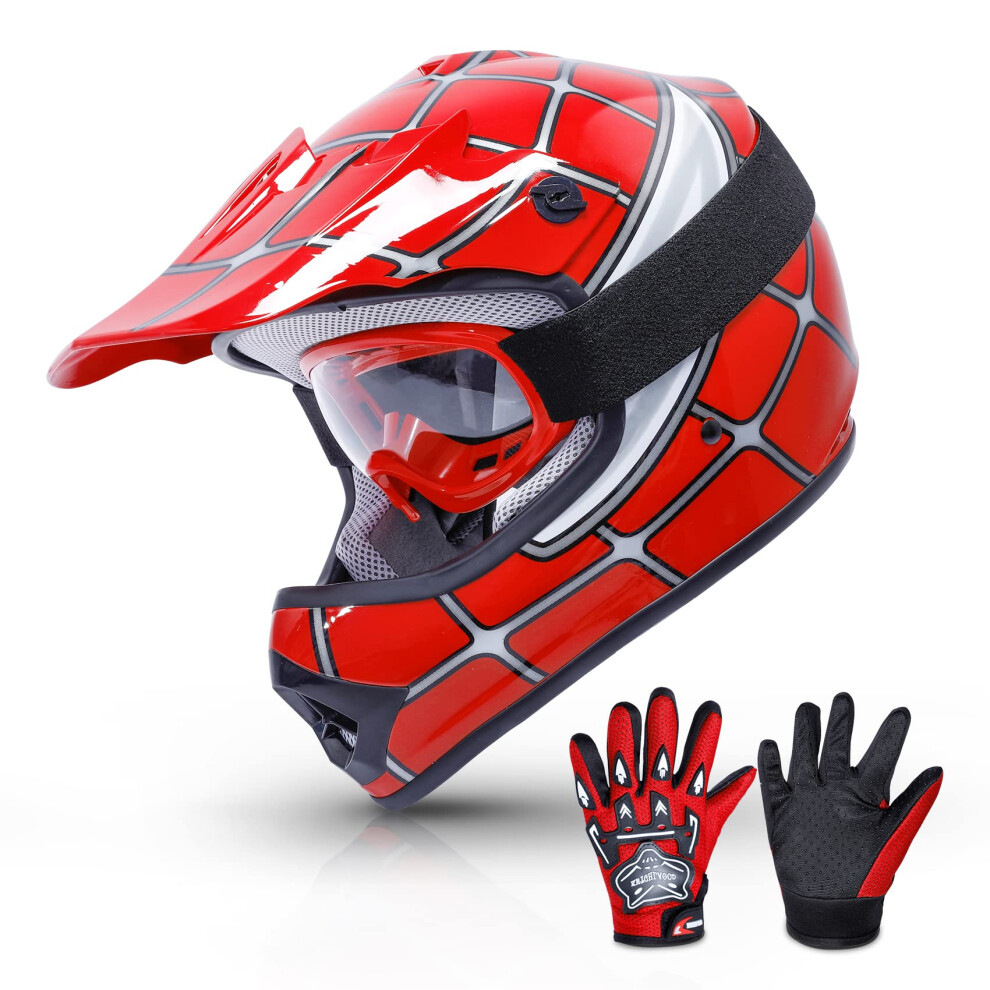 TCMT Dot Youth & Kids Motocross Offroad Street Helmet Red Spider Motorcycle Youth Helmet Dirt Bike Motocross ATV Helmet+Goggles+Gloves M