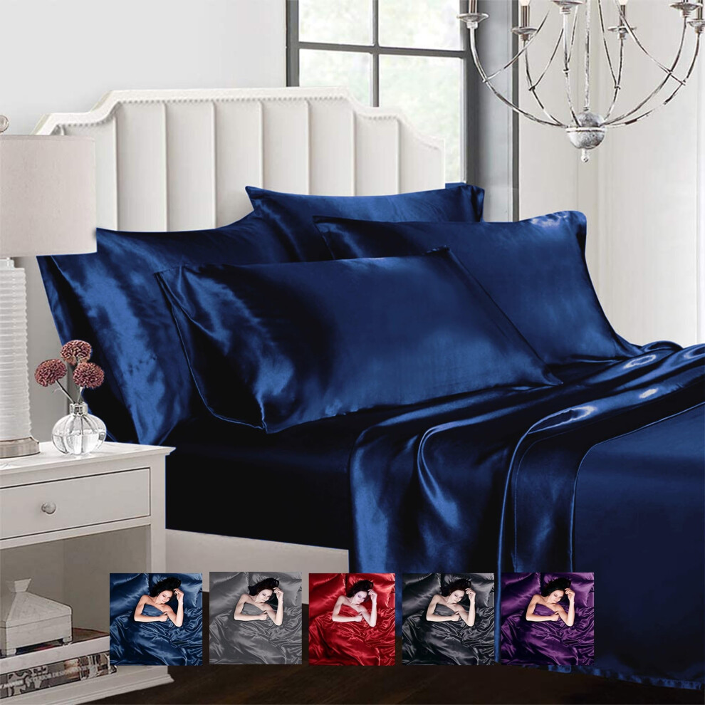 Parure de lit 6 pi   ces en satin sexy Ahmedani Linen Queen   : 1 housse de couette, 1 drap-housse et 4 taies d'oreiller, bleu marine.