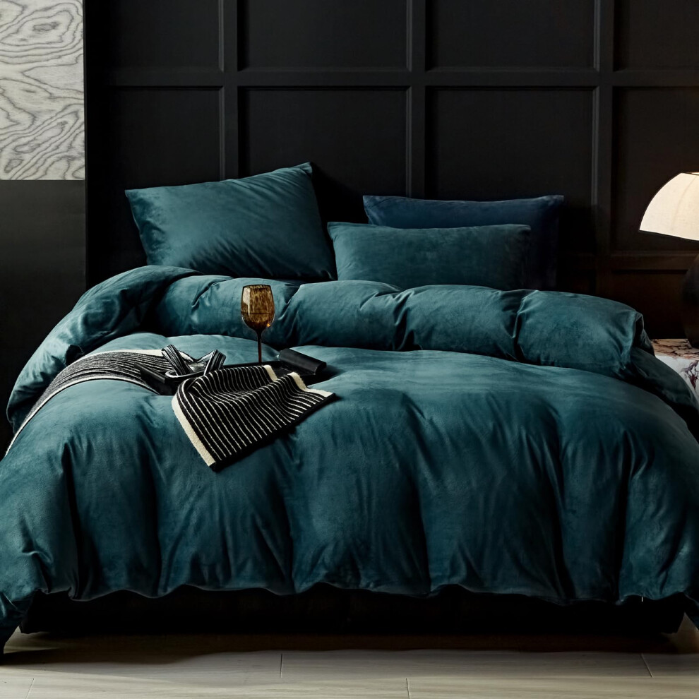 Housse de couette en velours bleu paon Warmdern, parure de lit king size en flanelle, 3 pi   ces, ultra douce, luxueuse, textur   e, moderne, en velo