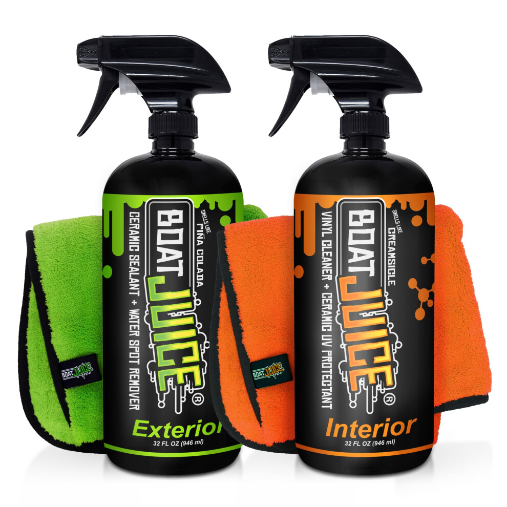 Boat Juice Boat Cleaning Kit - Exterior Boat Cleaner Water Spot Remover  Interior Boat Cleaner for Seats and Vinyl  2 Microfiber Towels - Boat Cleanin