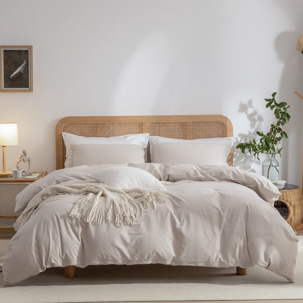 Housse de couette beige ERZRGA Queen 100 % coton lav    aspect lin textur    beige Parure de lit Queen 1 housse de couette avec 2 taies d'oreiller av