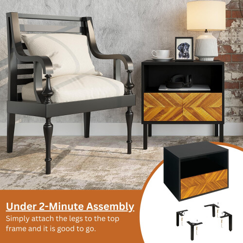 Bme Vivian Solid Wood Nightstand  End Table  Bedside Table with Herringbone Pattern for Rustic Bedroom  Easy Assembly  Rustic Golden Brown and Black 2