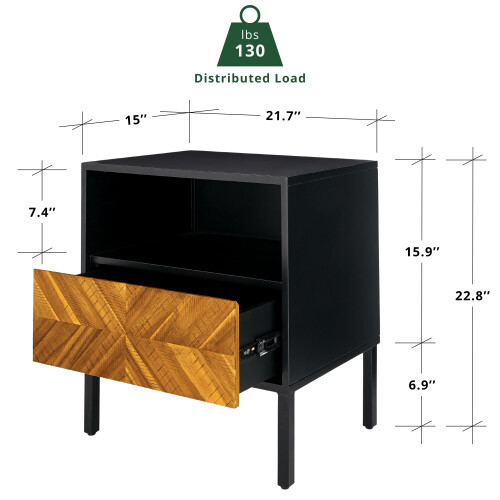 Bme Vivian Solid Wood Nightstand  End Table  Bedside Table with Herringbone Pattern for Rustic Bedroom  Easy Assembly  Rustic Golden Brown and Black 1