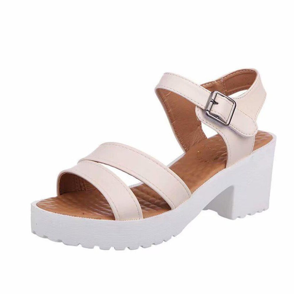 (beige, 33) Women Shoes Egoddess Outdoor Buckle Slope Shoes Round Toe Platform High Heels Wedges Sandals
