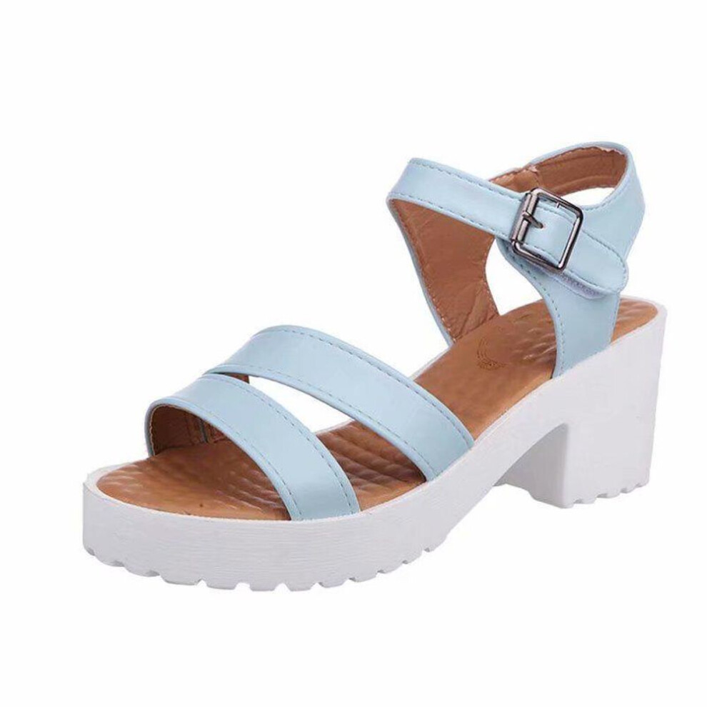 (blue, 37) Women Shoes Egoddess Outdoor Buckle Slope Shoes Round Toe Platform High Heels Wedges Sandals