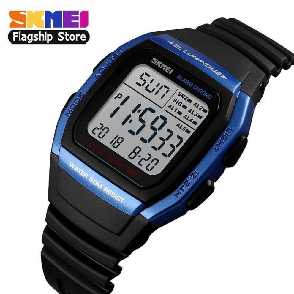 (blue) Skmei New Men Sports Watches Retro Multifunction Fashion Watch Square Chrono Countdown Waterproof Wristwatches 1278