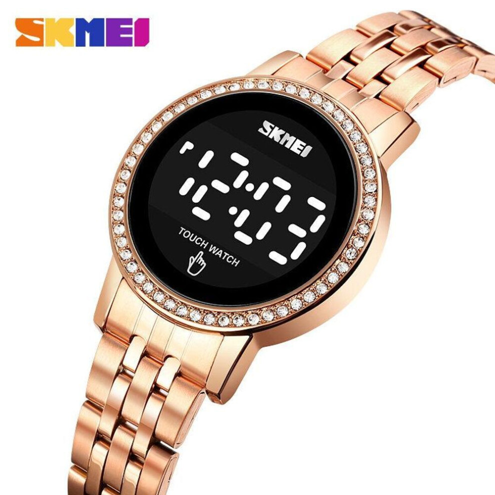 (rose gold) Skmei Women Digital Watch Touch Screen Elegant Stainless Steel Casual Waterproof Wrist Watch For Women 1669