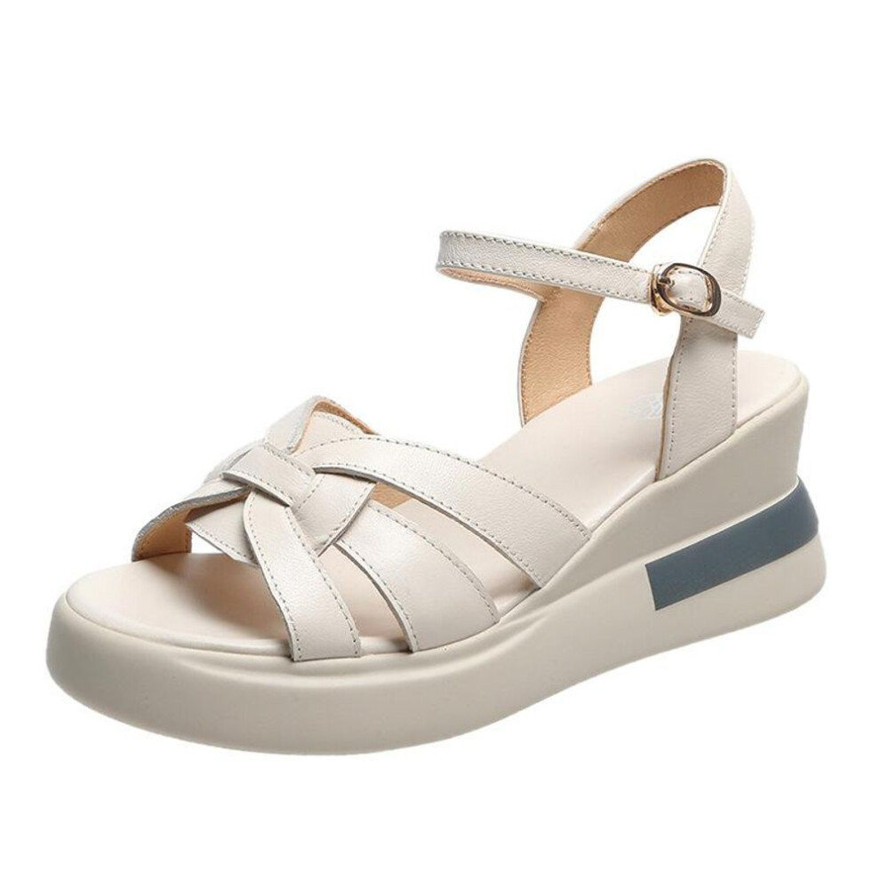 (beige, 37) 2022 New Summer Women&apos;s Sandals Fashion High Heels Open Toe Sandals Buckle Casual Shoes Women Round Head Wedge Women Shoes