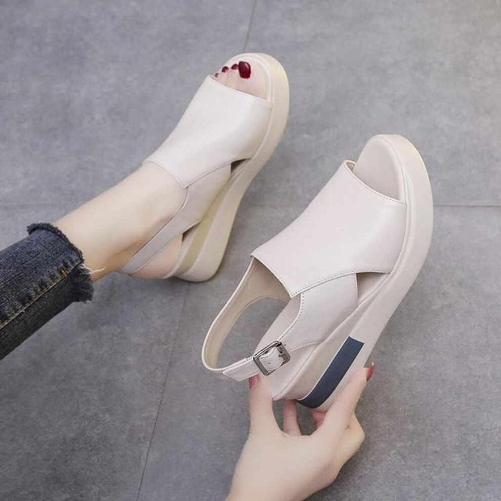 (white, 36) Summer Wedge Shoes for Women Sandals Solid Color Open Toe High Heels Casual Ladies Buckle Strap Fashion Female Sandalias