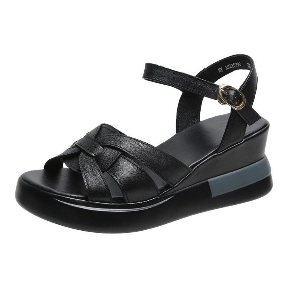 (black, 42) 2022 New Summer Women&apos;s Sandals Fashion High Heels Open Toe Sandals Buckle Casual Shoes Women Round Head Wedge Women Shoes