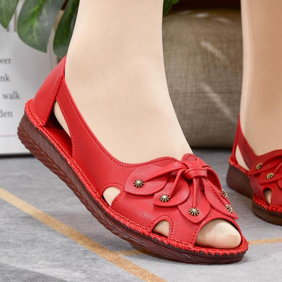 (red, 39) Summer Sandals Women&apos;s Mother Shoes Leather Soft Bottom Non-slip Fish Mouth Comfortable Large Size Hole Shoes Hollow Women&apos;s Shoes
