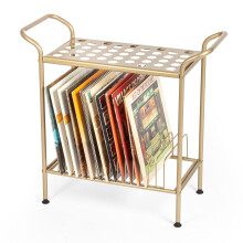 Ilyapa 2-lags pladespillerstativ - Guld metal vinylpladestativ med hylder - Vinylspillerbord med 14 pladser