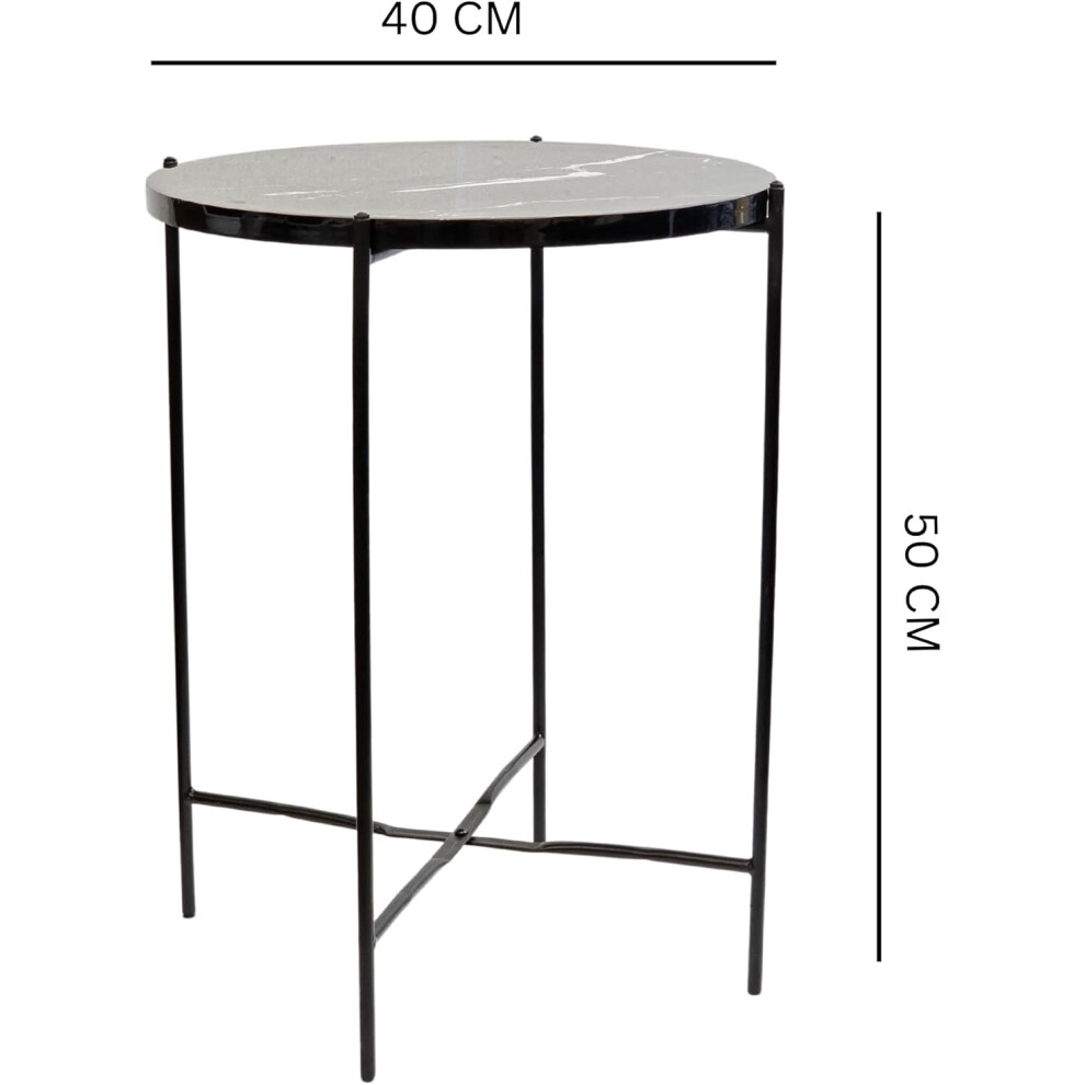 (Black) Marble Effect Round Side Table/Nesting Side Table Minimalist Accent Table for Living Room, Bedroom, or Office | Space-Saving Stacking Sofa Side Table