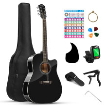 Moukey 41"" Acoustic Guitar for Beginners Adult Teen Full Size Guitarra Acustica with Chord Poster Gig Bag Tuner Steel Strings Capo Strap - Black