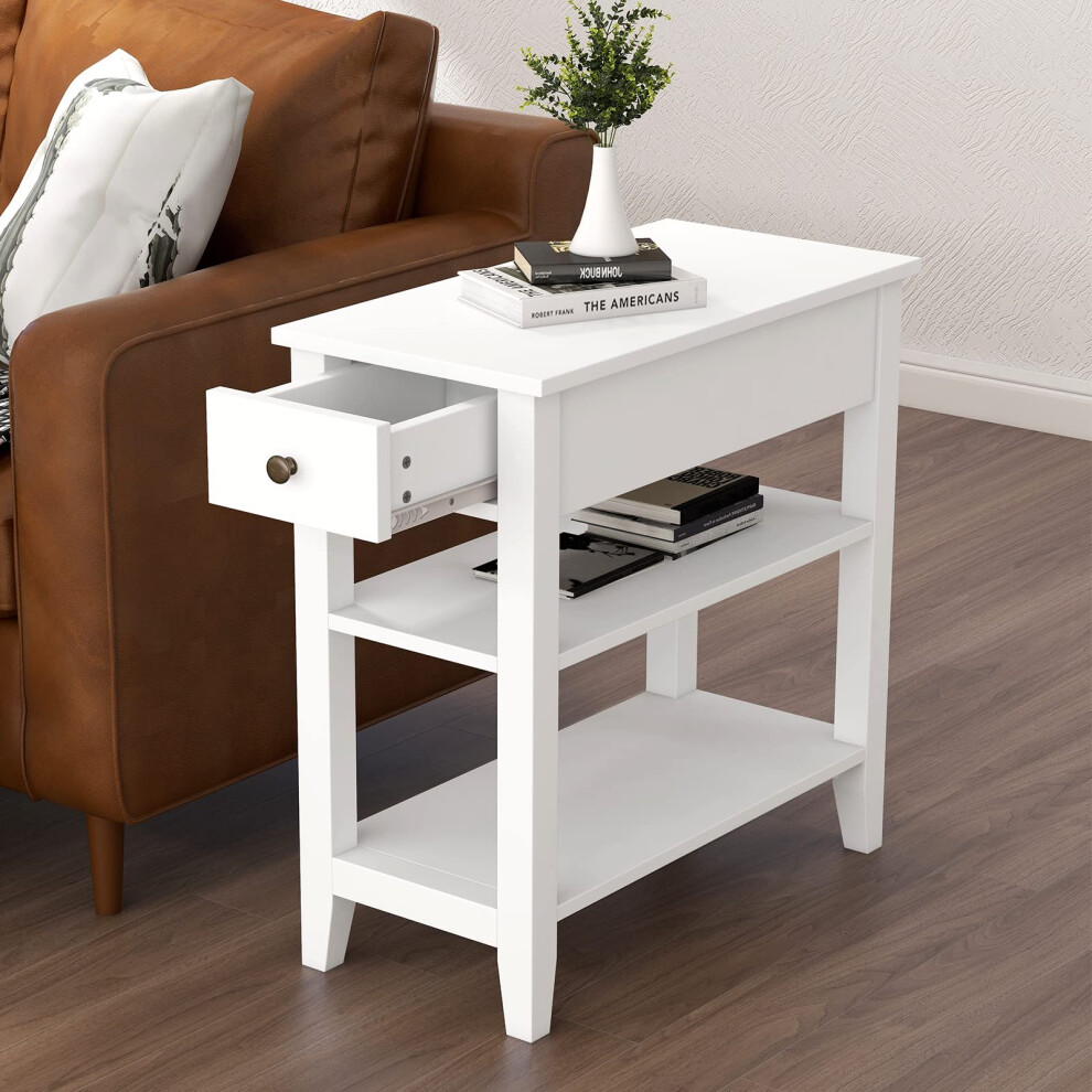 ChooChoo Side Table Living Room Narrow End Table with Drawer and Shelf 3-Tier Sofa End Table for Small Space White