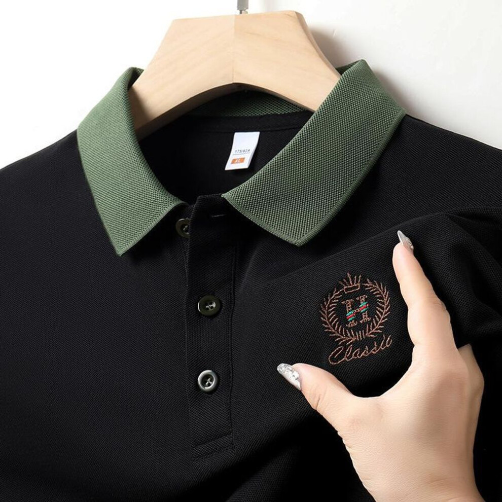 (black, XL) Young and Middle-aged Summer New Embroidered Lapel Short-sleeved Men&apos;s T-shirt Polo Shirt Top Business Casual Bottoming Shirt Trendy