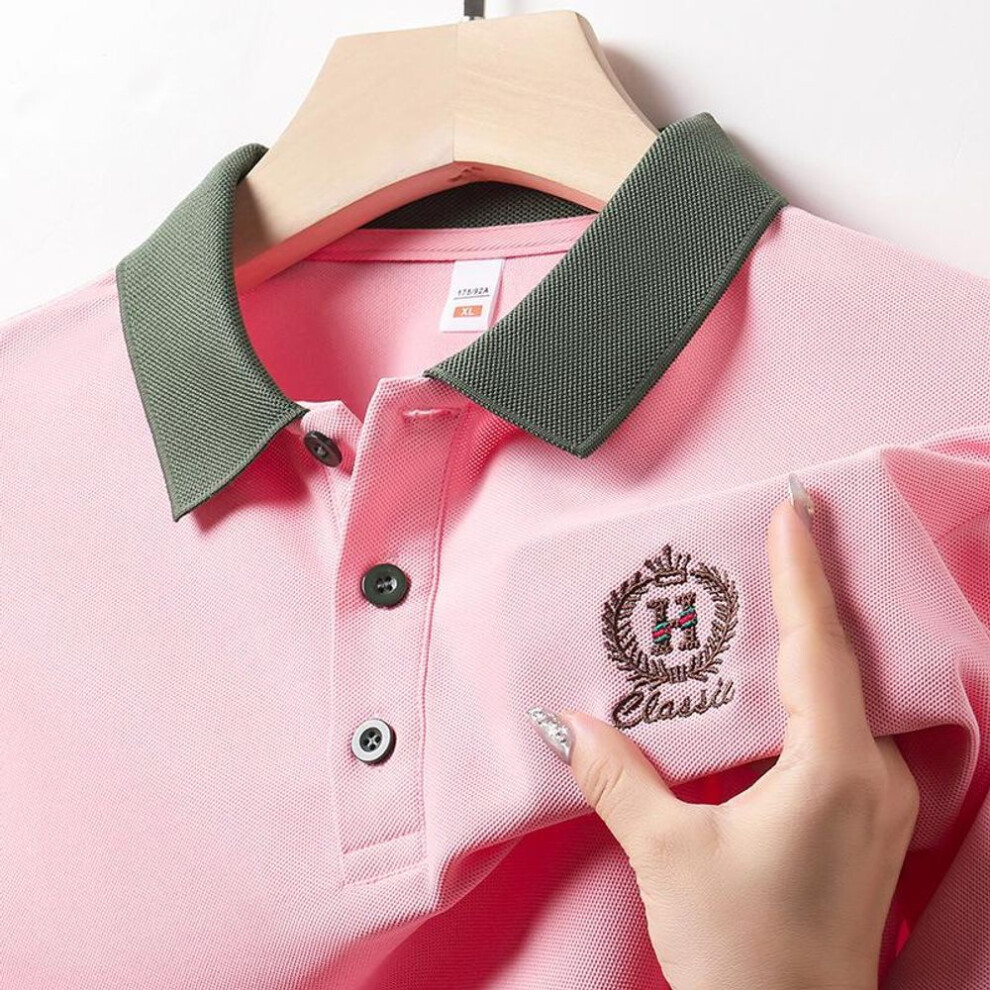 (pink, 4XL) Young and Middle-aged Summer New Embroidered Lapel Short-sleeved Men&apos;s T-shirt Polo Shirt Top Business Casual Bottoming Shirt Trendy