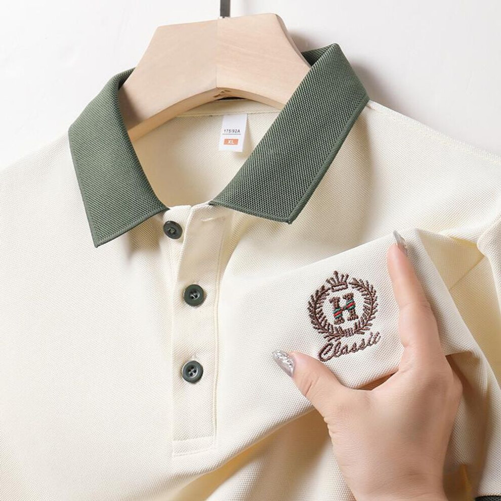 (beige, 2XL) Young and Middle-aged Summer New Embroidered Lapel Short-sleeved Men&apos;s T-shirt Polo Shirt Top Business Casual Bottoming Shirt Trendy