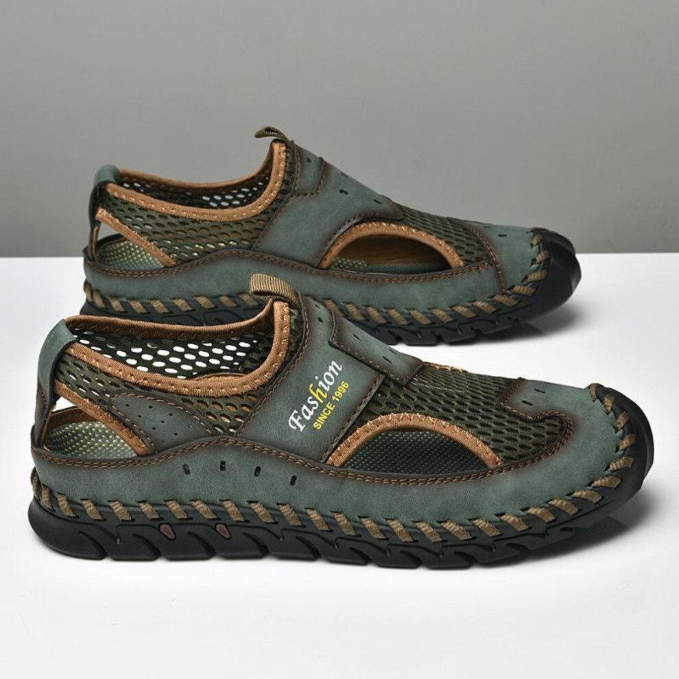 (green, 47) New Summer Sandals Breathable Men Shoes Leather Mesh Outdoor Men Sandals Antiskid Beach Sandals Hollow Flats Footwear