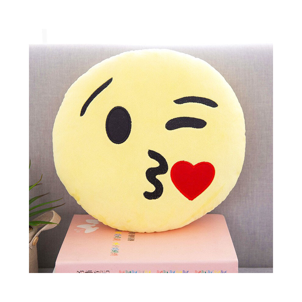 (Kissing Heart) Emoticon 13 Emoji Round Cushion Pillow Stuffed Plush Home Decor Soft Yellow