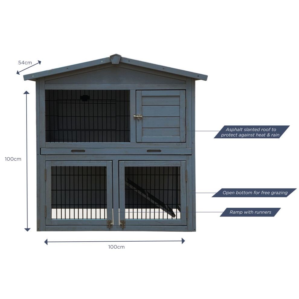 (Brown) Charles Bentley Two Storey Rabbit Hutch with Play Area Rubber Coated Mesh Stainless Steel Locks in Grey / White / Light Brown