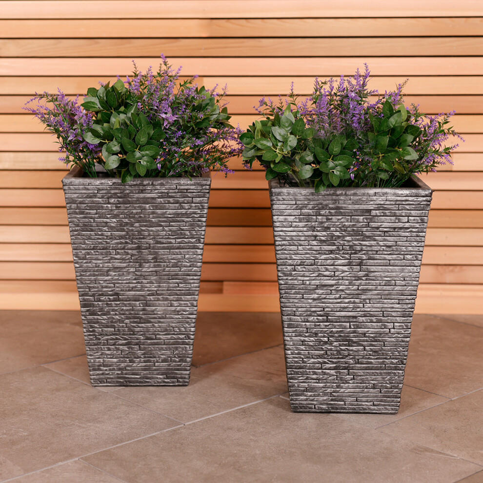 CHARLES BENTLEY Pair of Tall, Slate, Planters, Grey, Plastic, Plant Pots, Outdoor, Garden, Patio, Porch, Decking, Set of 2, Lightweight, Contemporary,