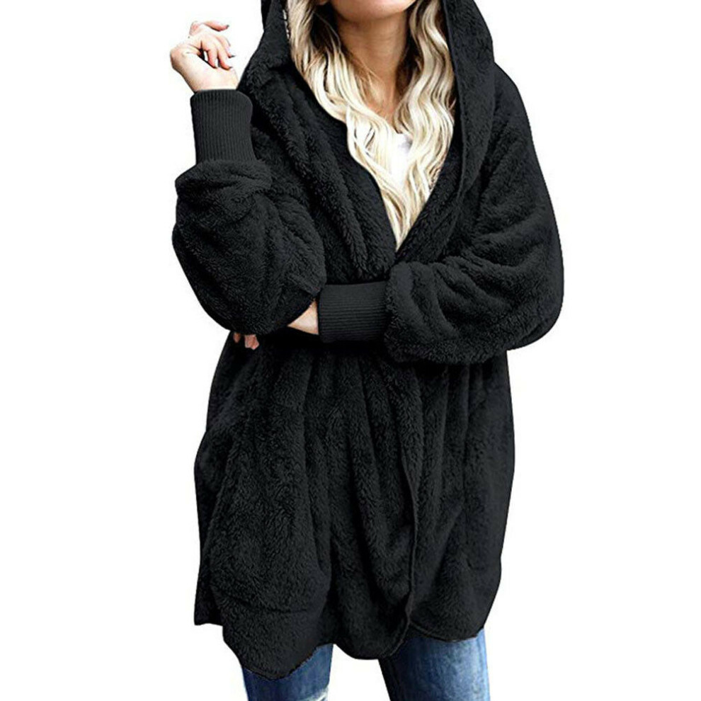(Black, 2XL) Women Fluffy Winter Coat Fleece Fur Jacket Teddy Bear Casual Outerwear Hoodies