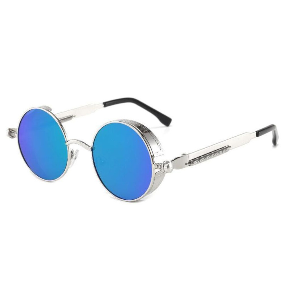 (silver,blue) Classic Gothic Steampunk Sunglasses Luxury High Quality Men And Women Retro Round Metal Frame Sunglasses Non Polarized Glasses