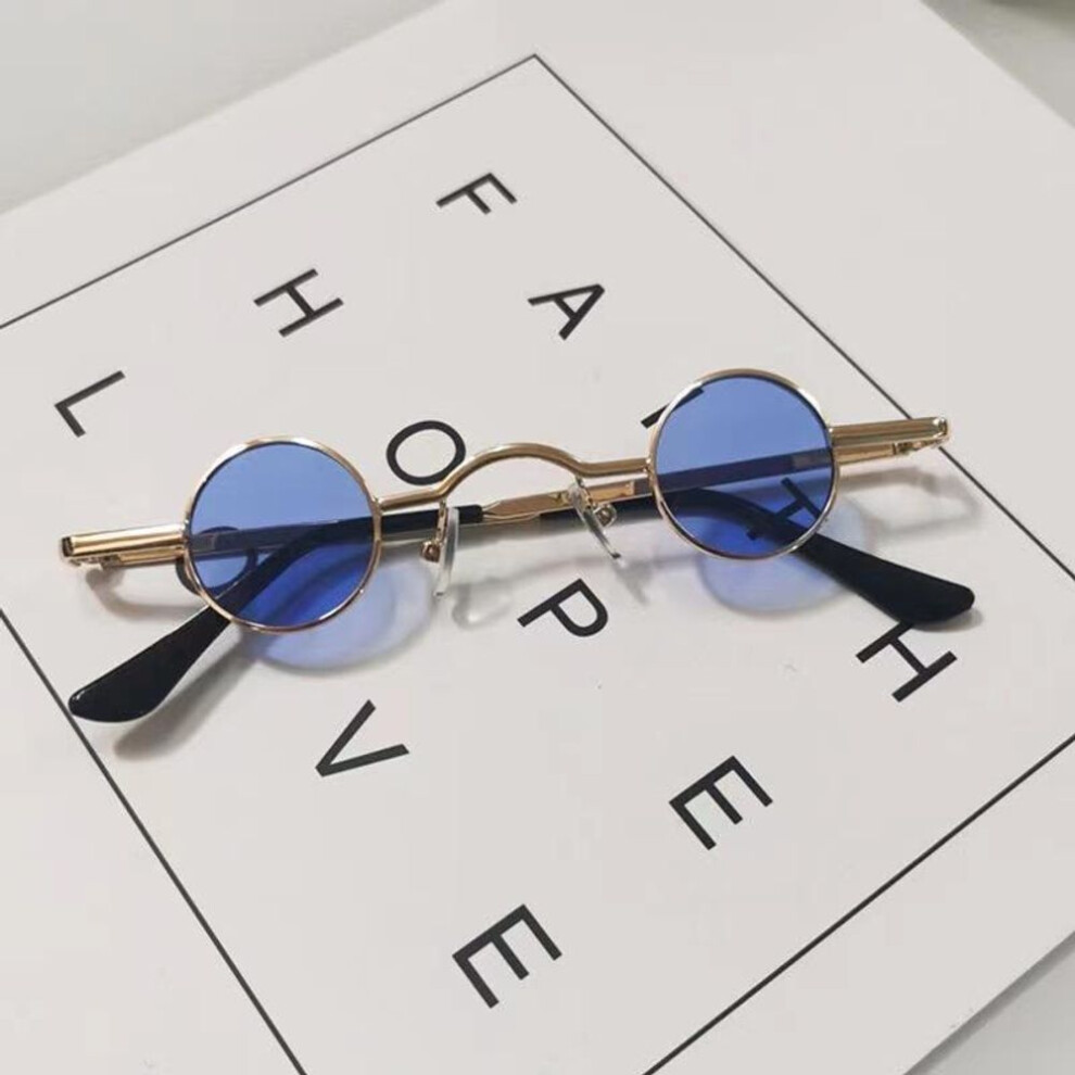 (gold,blue) Retro Mini Sunglasses Round Men Metal Frame Small Round Framed Sun Glasses Popular Color Lens Fashion Non Polarized Glasses