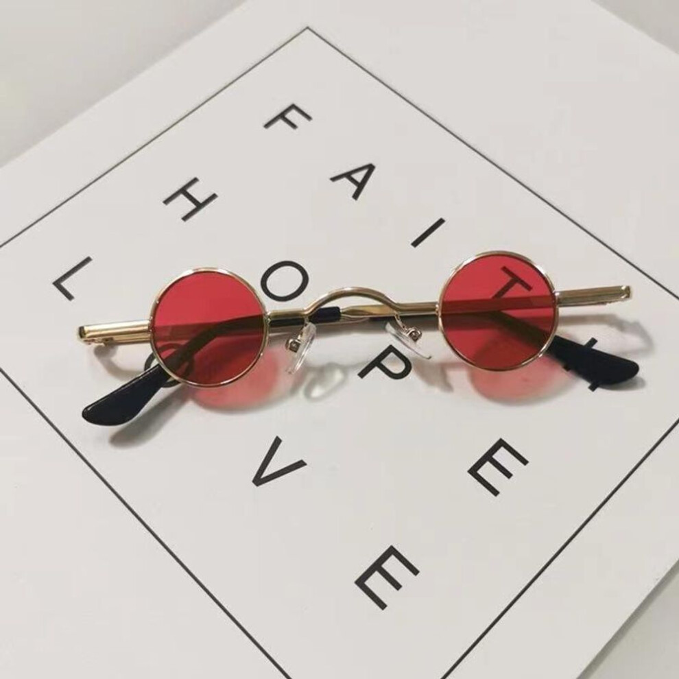 (gold,red) Retro Mini Sunglasses Round Men Metal Frame Small Round Framed Sun Glasses Popular Color Lens Fashion Non Polarized Glasses