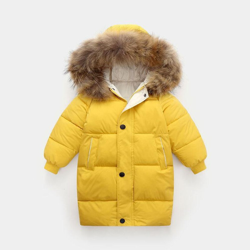 (yellow, 120cm) Big Fur Collar Children&apos;s Down Jacket Boy&apos;s  Cotton Coat Mid-Length Girls&apos; Thick Winter Clothes Casual Jacket