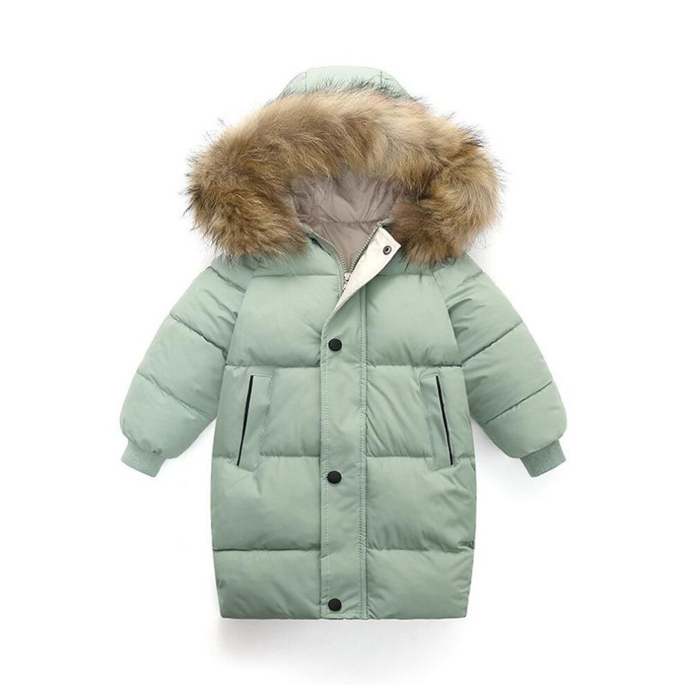 (green, 140cm) Big Fur Collar Children&apos;s Down Jacket Boy&apos;s  Cotton Coat Mid-Length Girls&apos; Thick Winter Clothes Casual Jacket