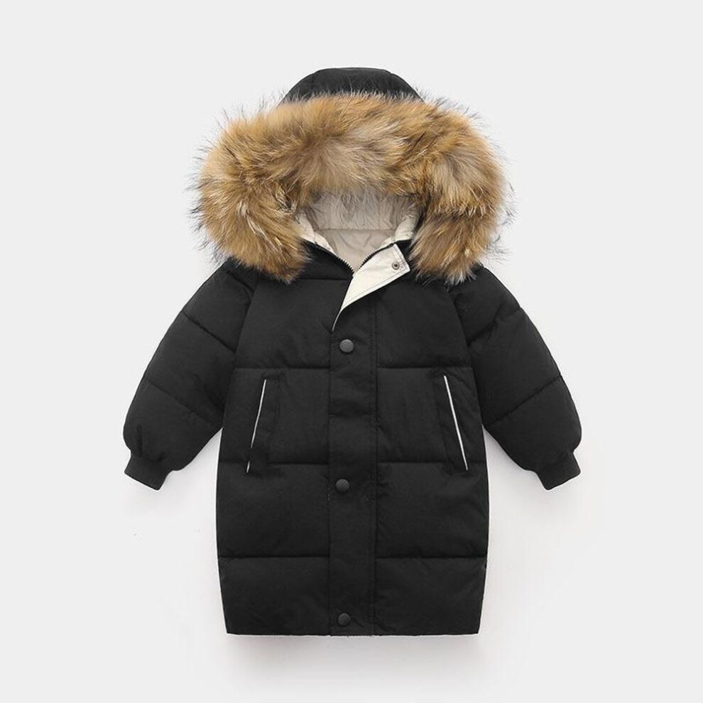 (black, 150cm) Big Fur Collar Children&apos;s Down Jacket Boy&apos;s  Cotton Coat Mid-Length Girls&apos; Thick Winter Clothes Casual Jacket