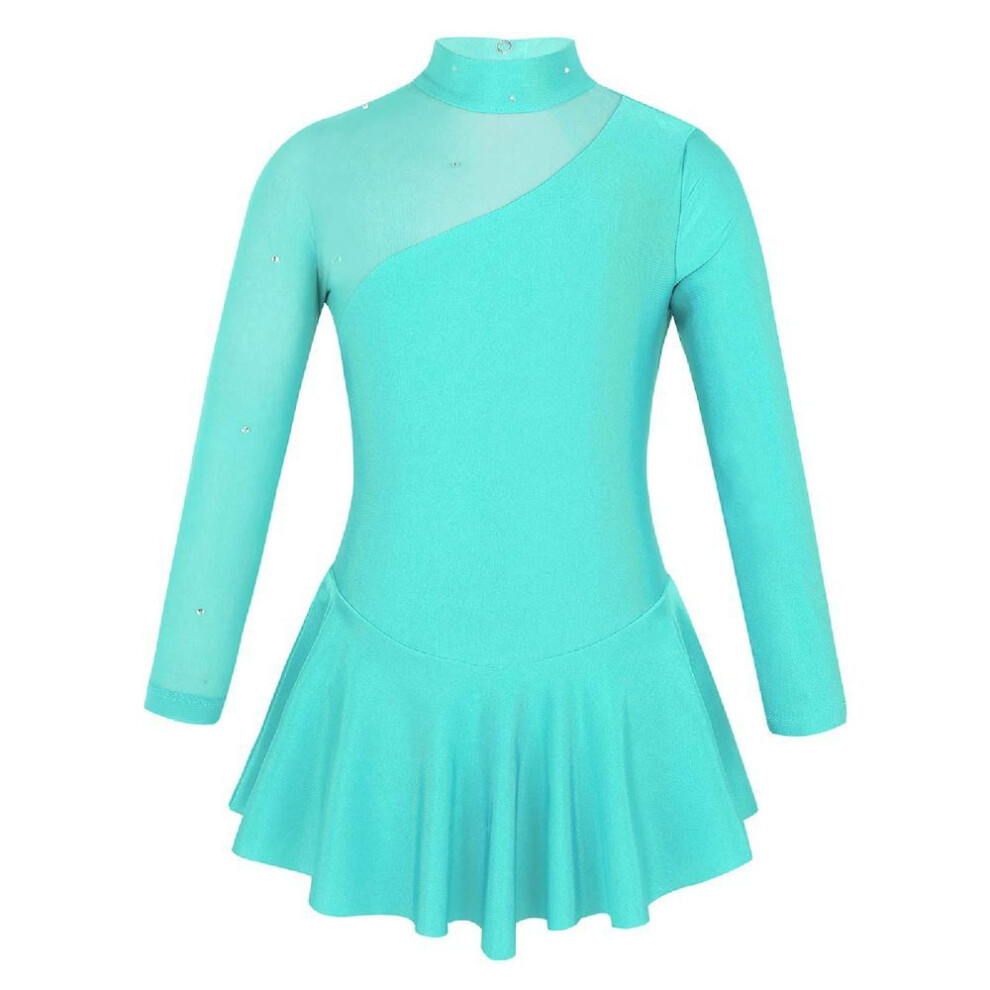 (mint green, 5-6 Years) Kids Girls Long Sleeve Backless Mock Neck Figure Ice Skating Dress Gymnastics Leotard Dresses