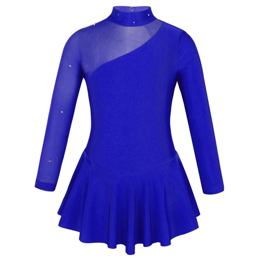 (royal blue, 7-8 Years) Kids Girls Long Sleeve Backless Mock Neck Figure Ice Skating Dress Gymnastics Leotard Dresses