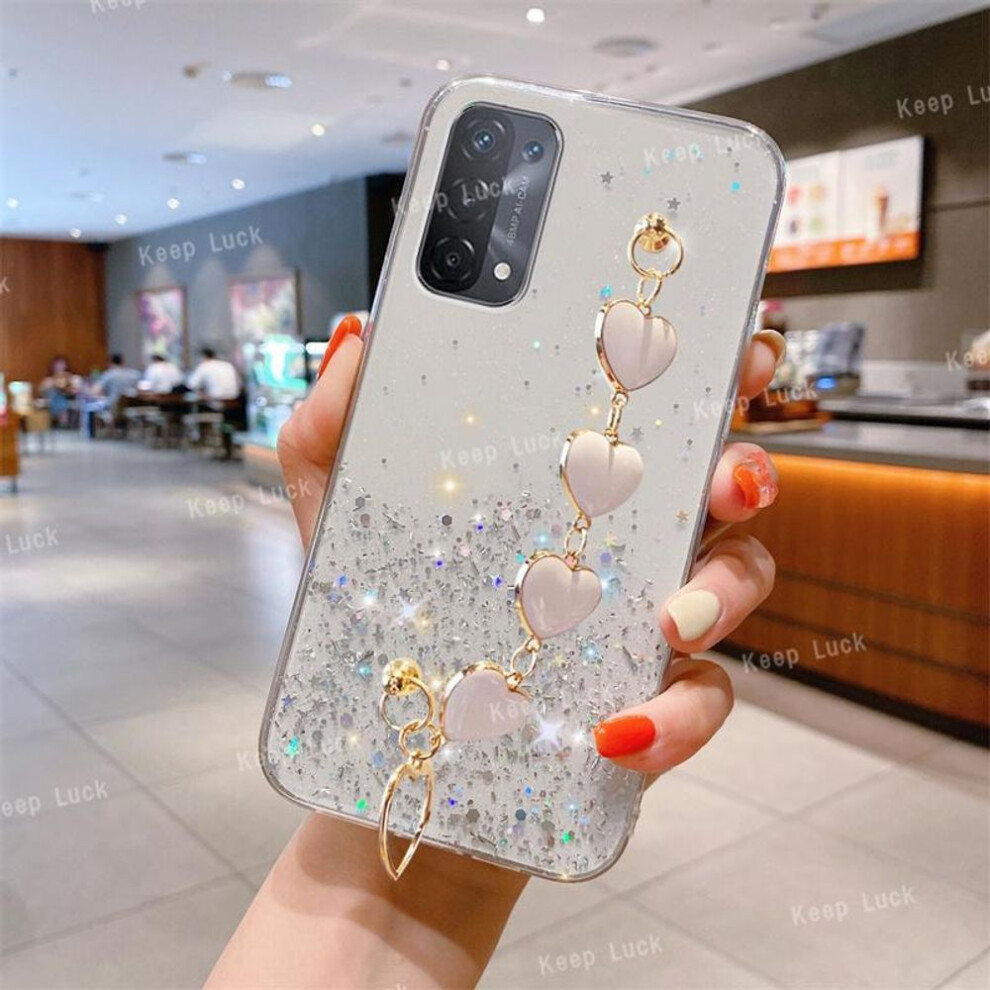 (white, vivo Y51) Love Heart Wrist Chain Phone Case For vivo Y33S Y20 Y11 Y11S Y12 Y15S Y15 Y20 Y21 Y30 Y51 V23 V23E V20 V21E Glitter Bumper Cover